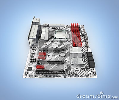 Motherboard with realistic chips and slots isolated on blue gradient background 3d render Stock Photo