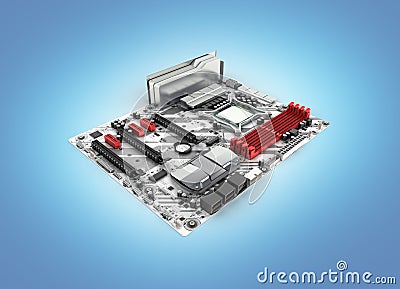 Motherboard with realistic chips and slots isolated on blue gradient background 3d render Stock Photo