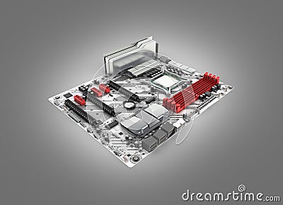 Motherboard with realistic chips and slots isolated on gray gradient background 3d render Stock Photo