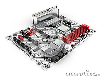Motherboard with realistic chips and slots isolated on white background 3d render Stock Photo