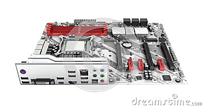 Motherboard with realistic chips and slots isolated on white background 3d render without shadow Stock Photo