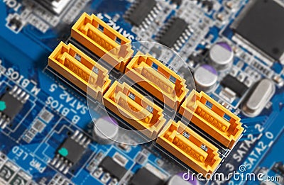 Motherboard SATA connectors. Focus on SATA Stock Photo