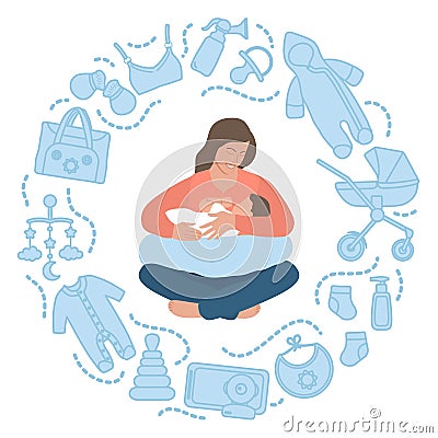 Motherhood Baby care items Newborn Mother`s Day Vector Illustration