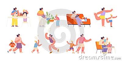 Motherhood. Baby mother, parent cook with daughter. Happy woman play with child, family doing sport, reading, cooking Vector Illustration