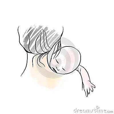 Motherhood, baby sleeping, mom and newborn baby, doodle Vector Illustration