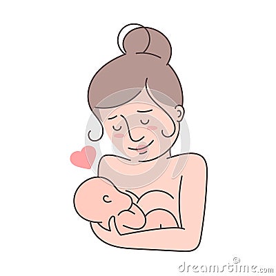 Motherhood, childcare, tenderness concept. Mother and newborn baby sleeping together, mom hugging and kissing baby Vector Illustration