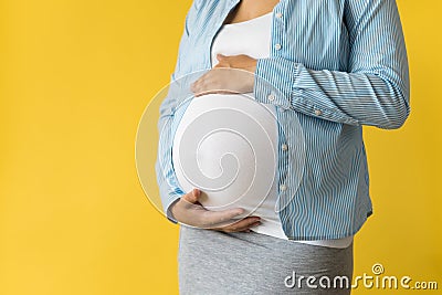 Motherhood, femininity, love, care, waiting, hot summer - bright croped Close-up unrecognizable pregnant woman in shirt Stock Photo