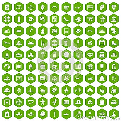 100 motherhood icons hexagon green Vector Illustration