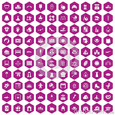 100 motherhood icons hexagon violet Vector Illustration