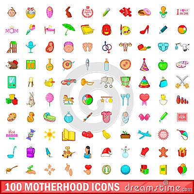100 motherhood icons set, cartoon style Vector Illustration