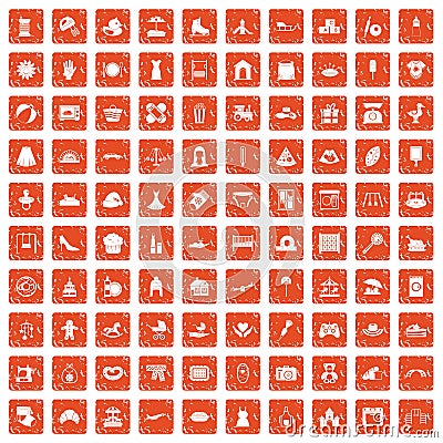 100 motherhood icons set grunge orange Vector Illustration