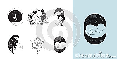 Motherhood, maternity, babies and pregnant women logos, collection of fine, hand drawn style vector illustrations and Vector Illustration