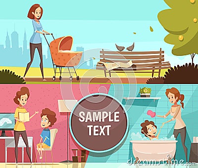 Motherhood 2 Retro Cartoon Banners Vector Illustration