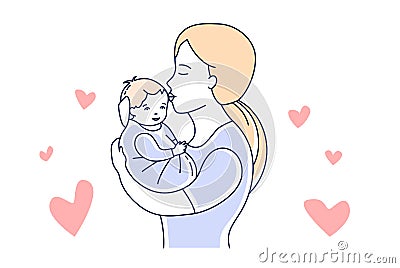 Mother and baby. Motherhood love. Mom kissing a child hand drawn style vector illustration Vector Illustration