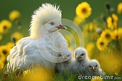 Motherly Love: A Silkie Hen Sheltering and Nurturing Her Fluffy Chicks in a Vibrant Springtime Scene Stock Photo
