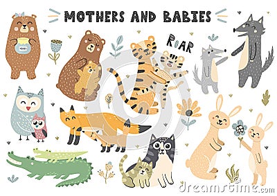 Mothers and babies animals collection Vector Illustration