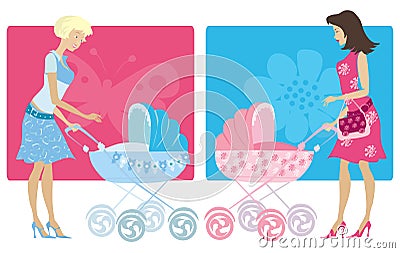 Mothers with baby prams Vector Illustration