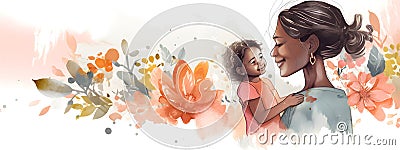 Mothers Day banner with POC mother and her child Cartoon Illustration