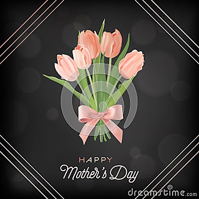 Mothers Day Banner Template with Tulips Flowers Bouquet. Mother Day Holiday Floral Greeting Card for Flyer, Brochure, Sale Spring Vector Illustration