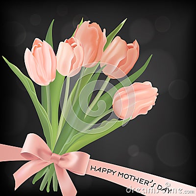 Mothers Day Banner Template with Tulips Flowers Bouquet. Mother Day Holiday Floral Greeting Card for Flyer, Brochure, Sale Spring Vector Illustration