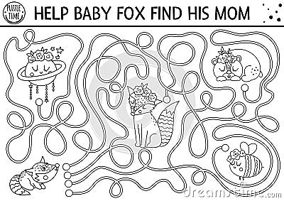 Mothers day black and white maze for children. Holiday preschool printable activity. Funny family love game with cute animals. Vector Illustration