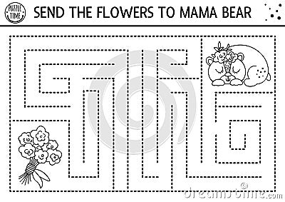 Mothers day black and white maze for children. Holiday preschool printable activity. Funny family love line game or coloring page Vector Illustration