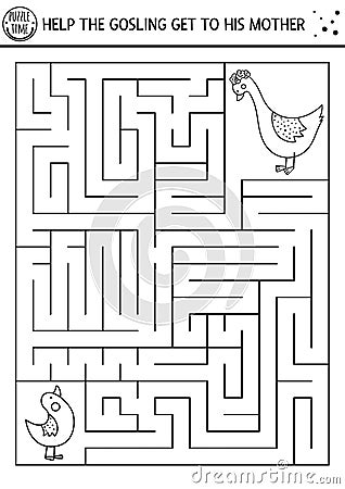 Mothers day black and white maze for children. Holiday preschool printable activity. Funny family love line game or coloring page Vector Illustration