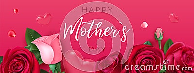 Mothers day brochure. Happy female floral banner, postcard template for mom. Flower and hearts card design, spring fest Vector Illustration