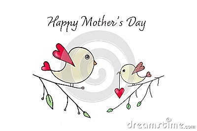 Mothers Day card. Little bird giving red heart to its mother Stock Photo