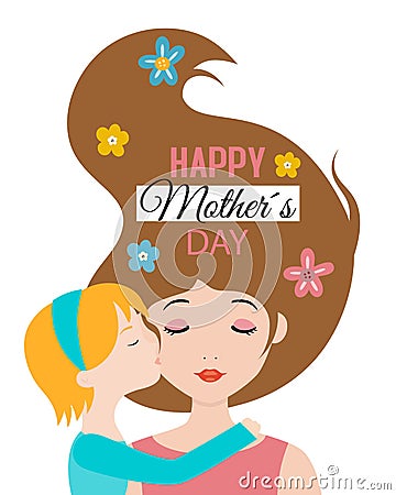 Mothers day card. Little girl giving her mother a kiss. Vector Illustration