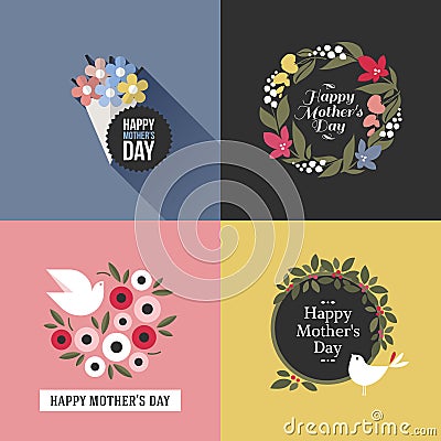 Mothers day card with pretty birds, assortment of flowers Vector Illustration