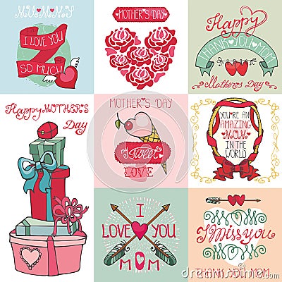 Mothers day cards set.Labels, hearts,decor Vector Illustration