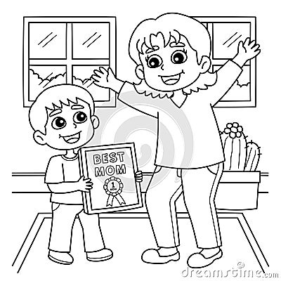 Mothers Day Child Giving an Award Coloring Page Vector Illustration