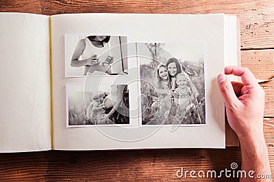 Mothers day composition. Photo album, black-and-white pictures. Stock Photo