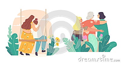 Mothers Day Concept. Loving Mother, Grandmother, Daughter and Granddaughter Hugging Rear View. Mom and Girl Embrace Vector Illustration