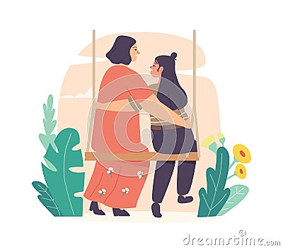 Mothers Day Concept, Mom and Girl Embrace Sitting on Swing. Loving Mother and Teenager Daughter Characters Communication Vector Illustration
