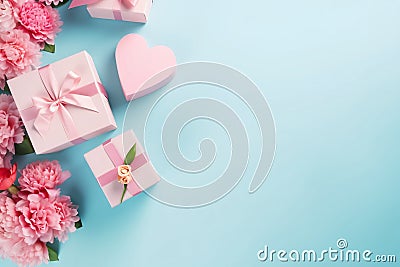 Mothers day decorations concept top view photo of presents hearts and flowers, AI generated Stock Photo
