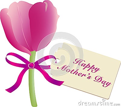 Mothers Day gift of a simple pink tulip tied with silk ribbon and cardboard tag with message of love Vector Illustration