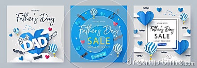 Set of Fathers Day greeting cards in modern paper cut style. Fathers Day holiday illustration for greeting banner, fashion ads Vector Illustration