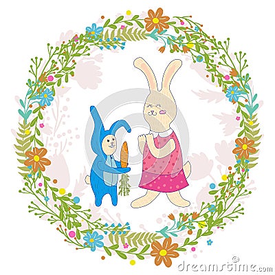 Mothers day greeting card.Baby rabbit gives mom carrots,Wreath of flowers.Cute hand drawn animal characters for kids Vector Illustration
