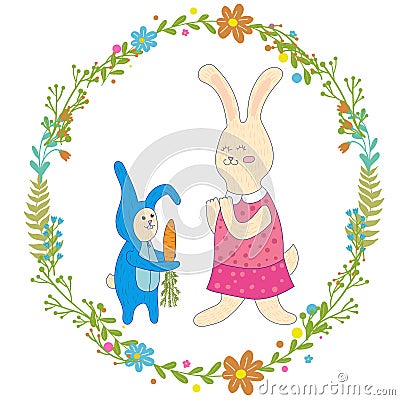 Mothers day greeting card.Baby rabbit gives mom carrots,Wreath of flowers.Cute hand drawn animal characters for kids Vector Illustration