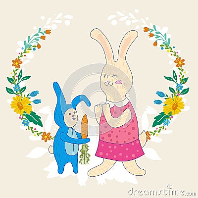 Mothers day greeting card.Baby rabbit gives mom carrots,Wreath of flowers.Cute hand drawn animal characters for kids Vector Illustration