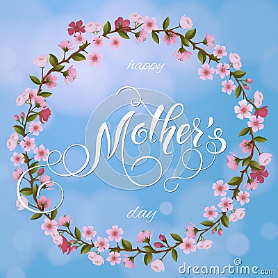 Mothers Day greeting card. Blossom tree background, spring holidays Vector Illustration