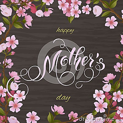 Mothers Day greeting card. Blossom tree background, spring holidays Vector Illustration