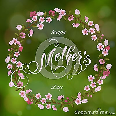 Mothers Day greeting card. Blossom tree background, spring holidays Vector Illustration