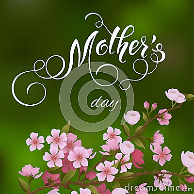 Mothers Day greeting card. Blossom tree background, spring holidays Vector Illustration