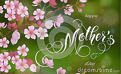 Mothers Day greeting card. Blossom tree background, spring holidays. Vector Illustration