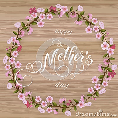 Mothers Day greeting card. Blossom tree background, spring holidays. Vector Illustration