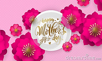 Mothers Day greeting card of red flower pattern and gold text on floral pink and red background for Mother Day holiday Vector Illustration