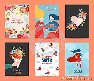 Mothers Day Greeting Card Set. Happy Mother Day Design with Woman Superhero Character and Flowers Bouquet. Floral Spring Banner Vector Illustration